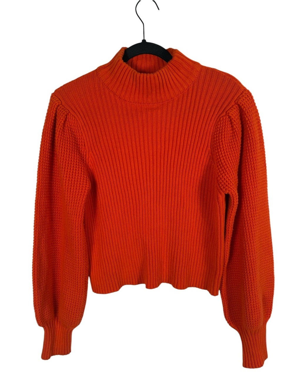 Anthropologie Flat White Orange Cropped Mock Neck Puff Sleeve Ribbed Sweater M
